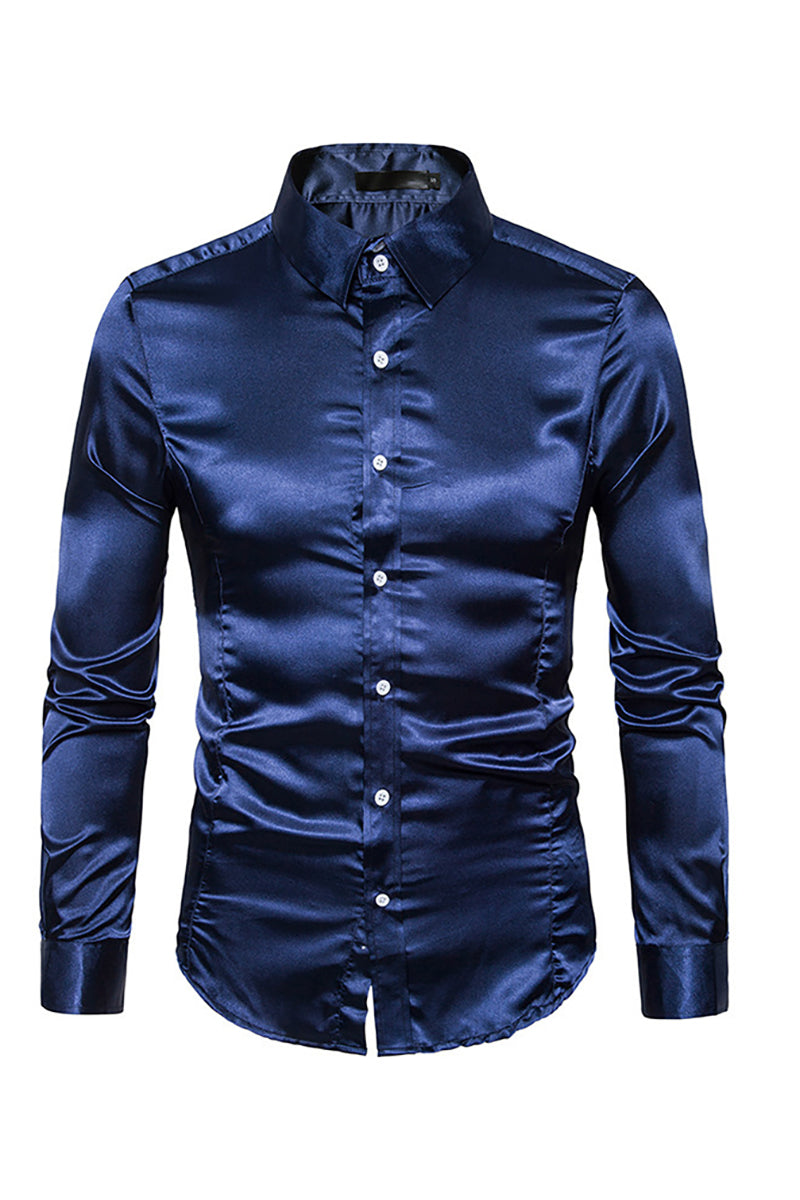 Satin Button Turndown Collar Slim Semi Formal Long Sleeve Shirt