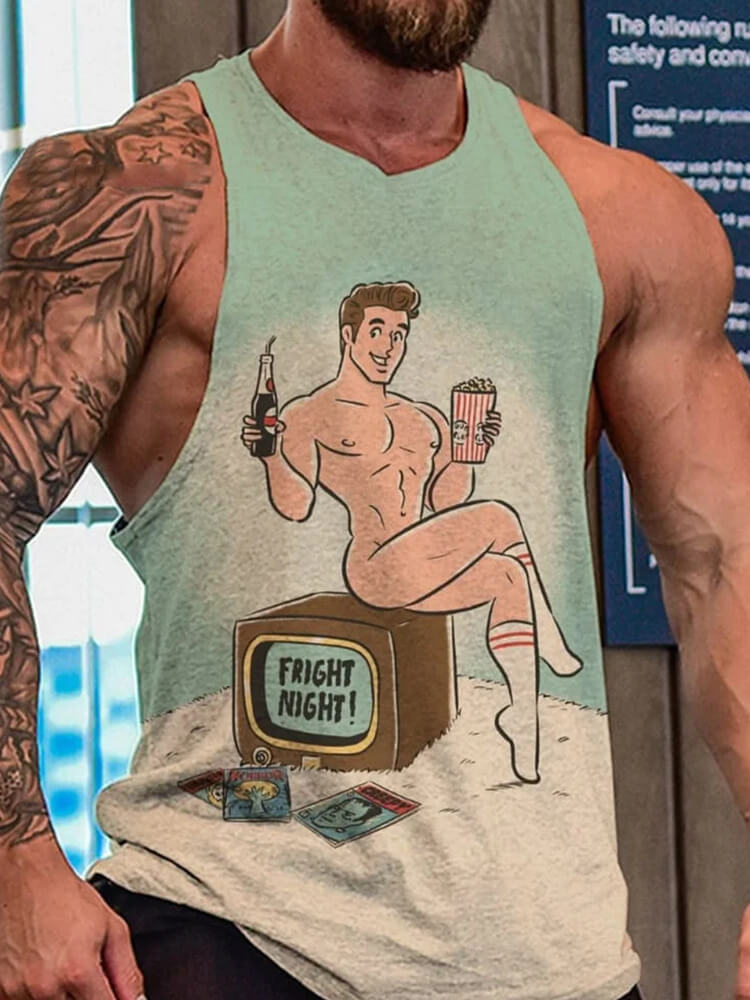 Men's Nude Man Hold Popcorn Coke Print Tank Top