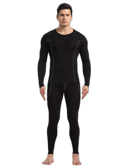 Men's Round Neck Solid Color Bamboo Fiber Thermal Underwear Set