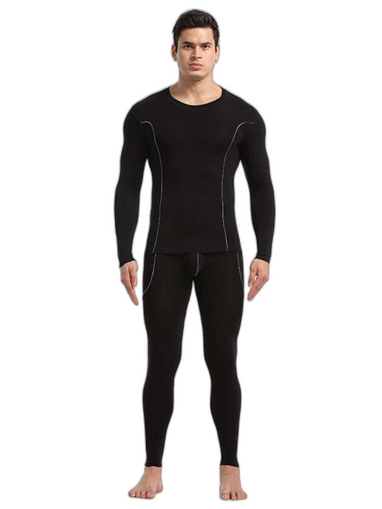 Men's Round Neck Solid Color Bamboo Fiber Thermal Underwear Set