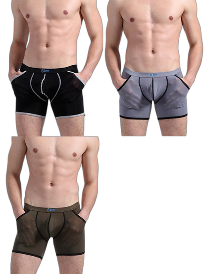 3 Pack Men's Long Leg Boxer Briefs Made of Ultra-Thin Ice Silk with Anti-Wear Elastic