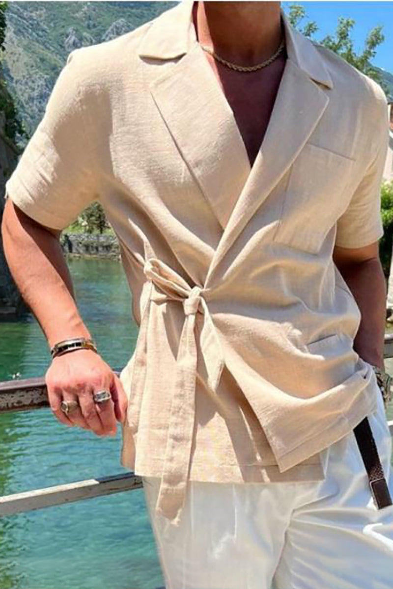 Men's Lapel Collar Lace-Up Short Sleeve Shirt
