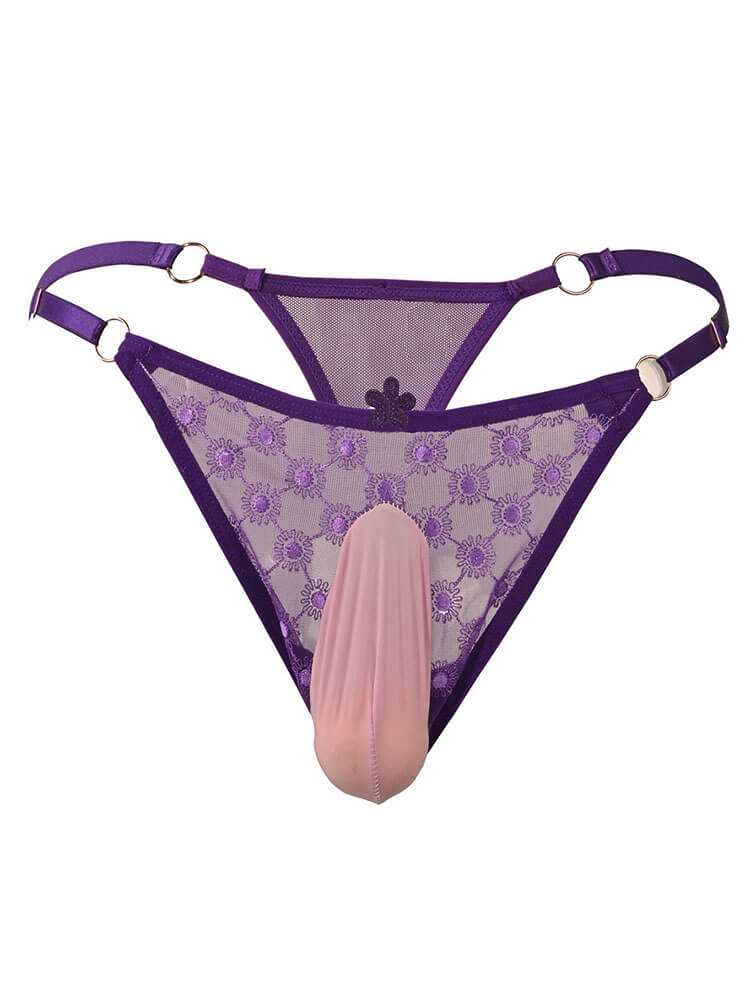 Men's Sexy Lace Floral Embroidered Adjustable Thong