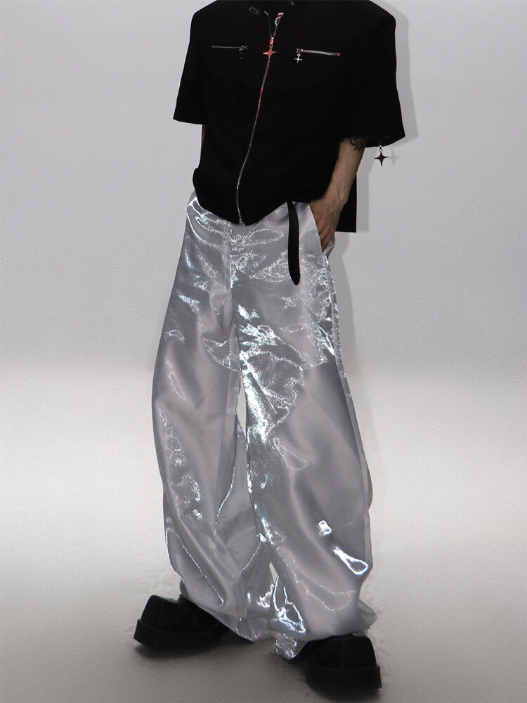 Men's Shiny Reflective Drape Loose Straight Pants