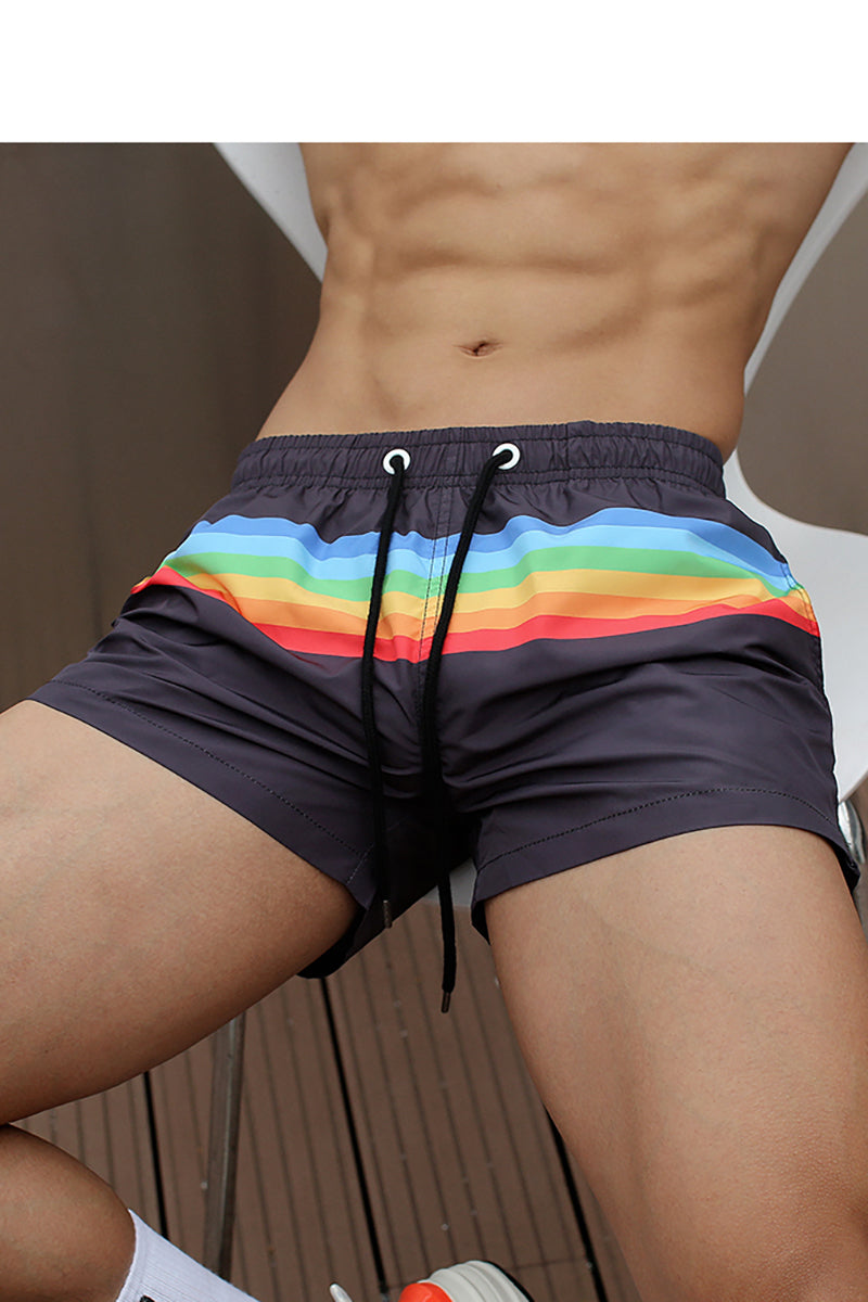 Men's Rainbow Striped Print Elasticity Sports Three Point Casual Shorts