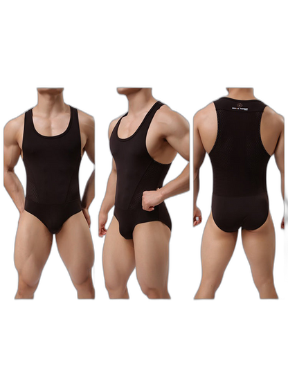 Mens Sexy Sheer Mesh Wrestling Bodysuit