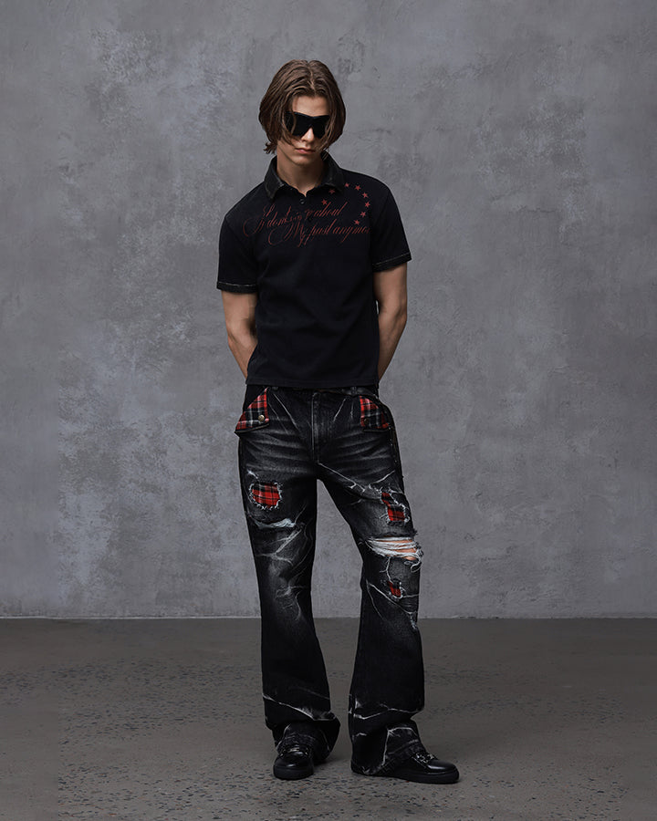 KIIKIO Vintage Plaid Patch Distressed Flared Jeans