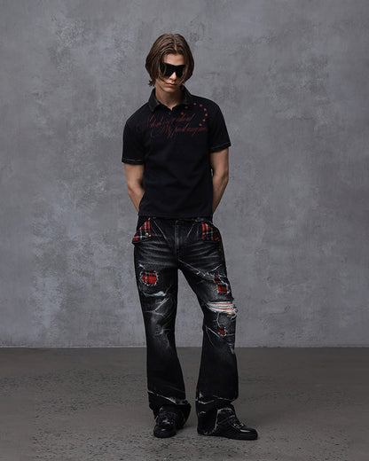 KIIKIO Vintage Plaid Patch Distressed Flared Jeans