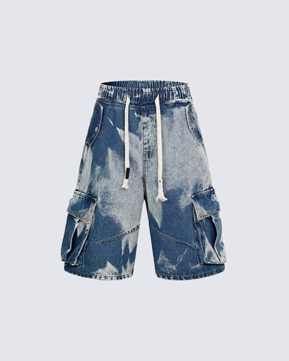 KIIKIO Utility Dark-Wash Drawstring Cargo Wide Denim Shorts