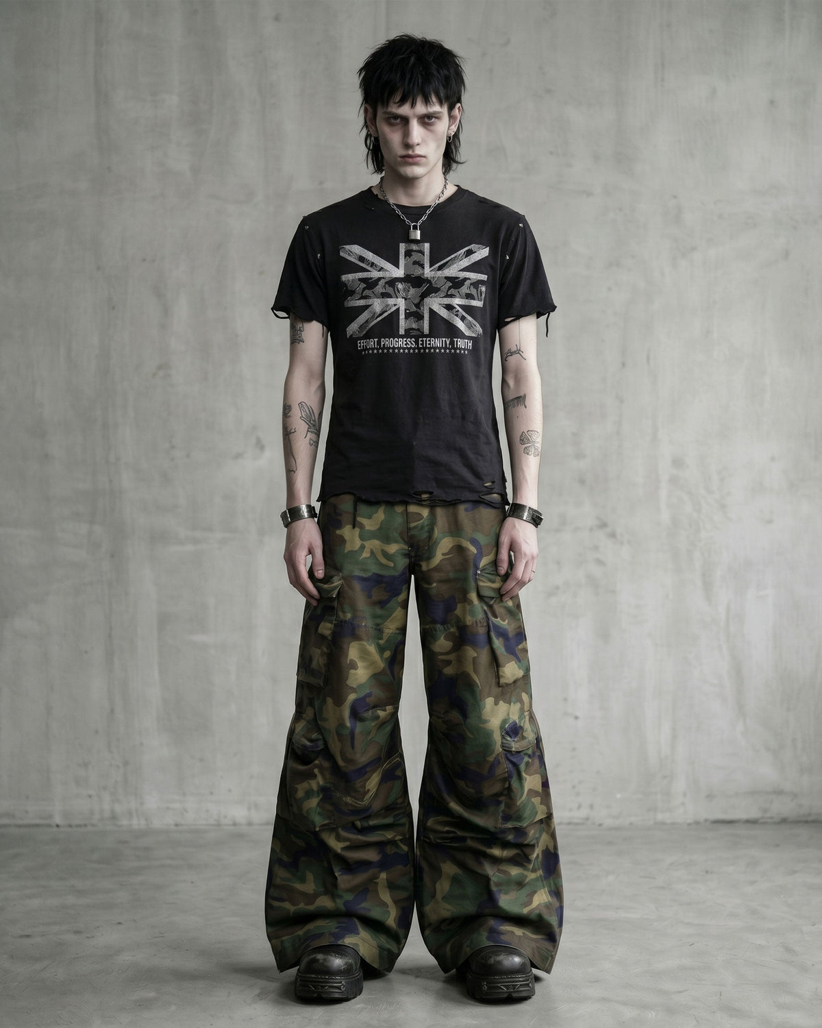 KIIKIO-New Y2K Distressed Union Graphic Washed Black T-Shirt