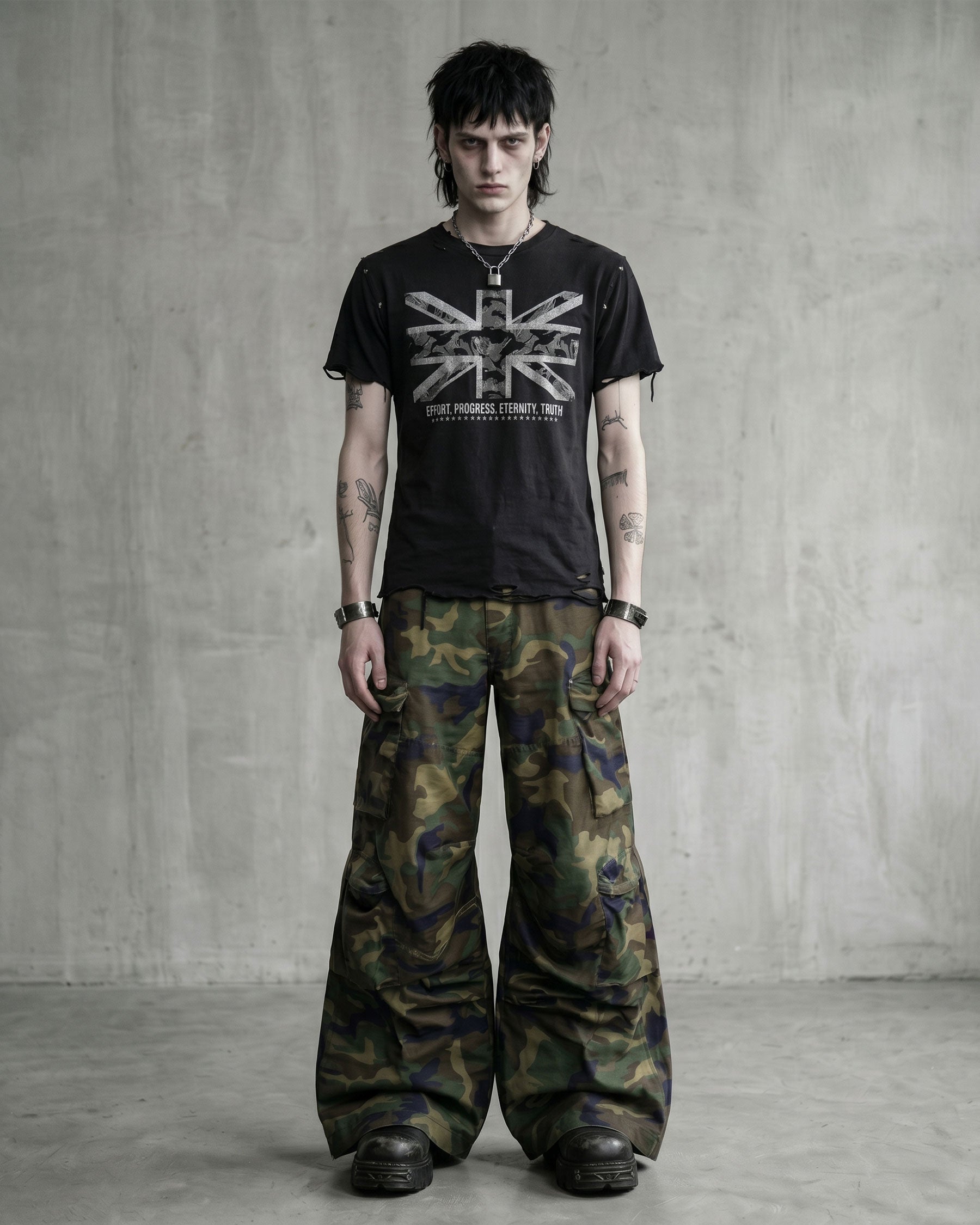KIIKIO-New Y2K Distressed Union Graphic Washed Black T-Shirt