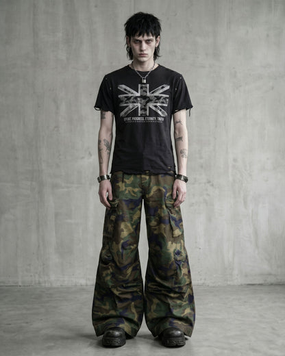 KIIKIO-New Y2K Distressed Union Graphic Washed Black T-Shirt
