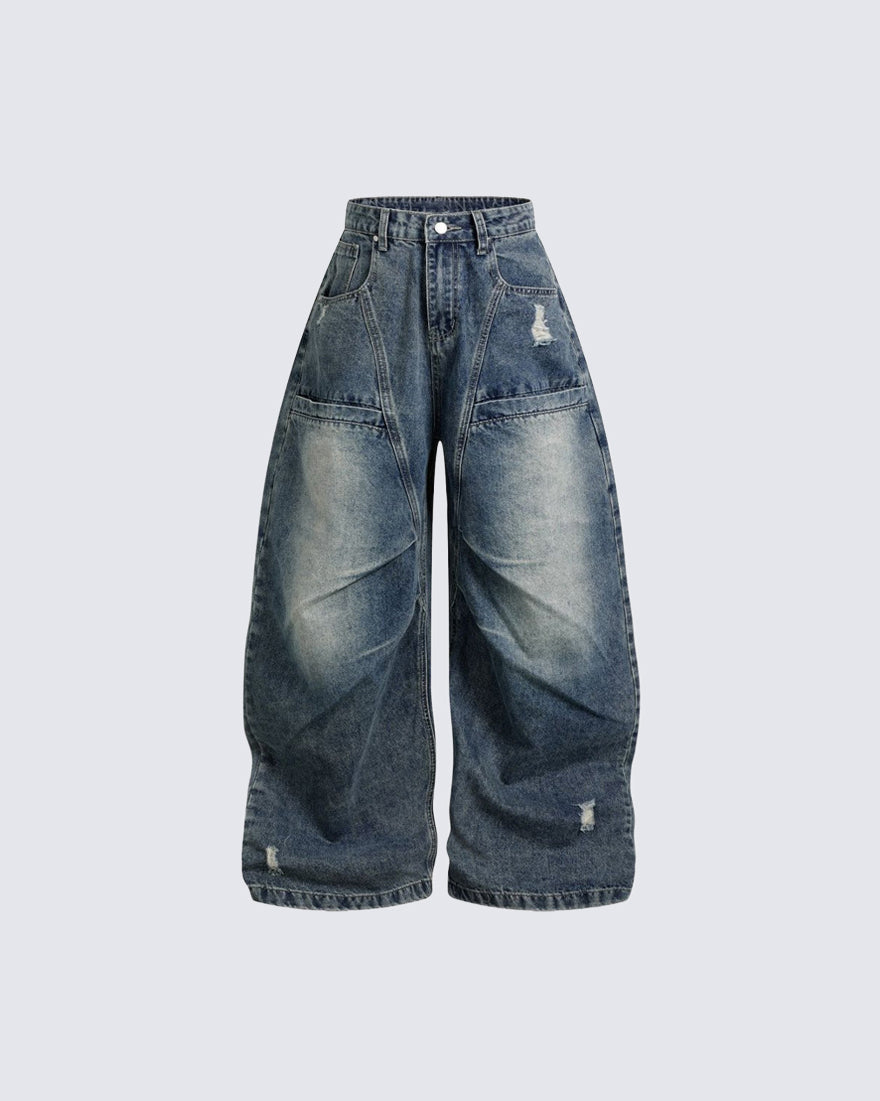 New Vintage Washed Panel Wide Denim Pants