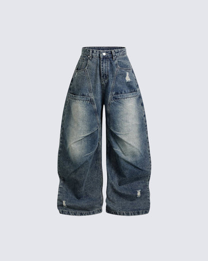 New Vintage Washed Panel Wide Denim Pants
