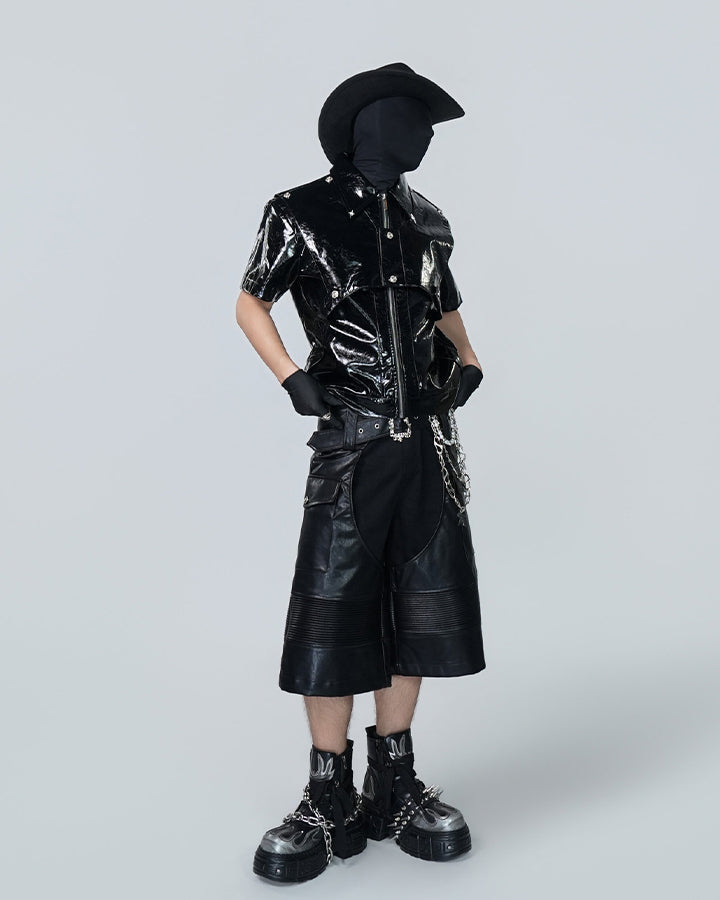Gothic Deconstructed Patchwork Heavy PU Cargo Shorts