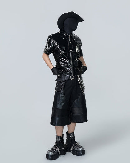 Gothic Deconstructed Patchwork Heavy PU Cargo Shorts