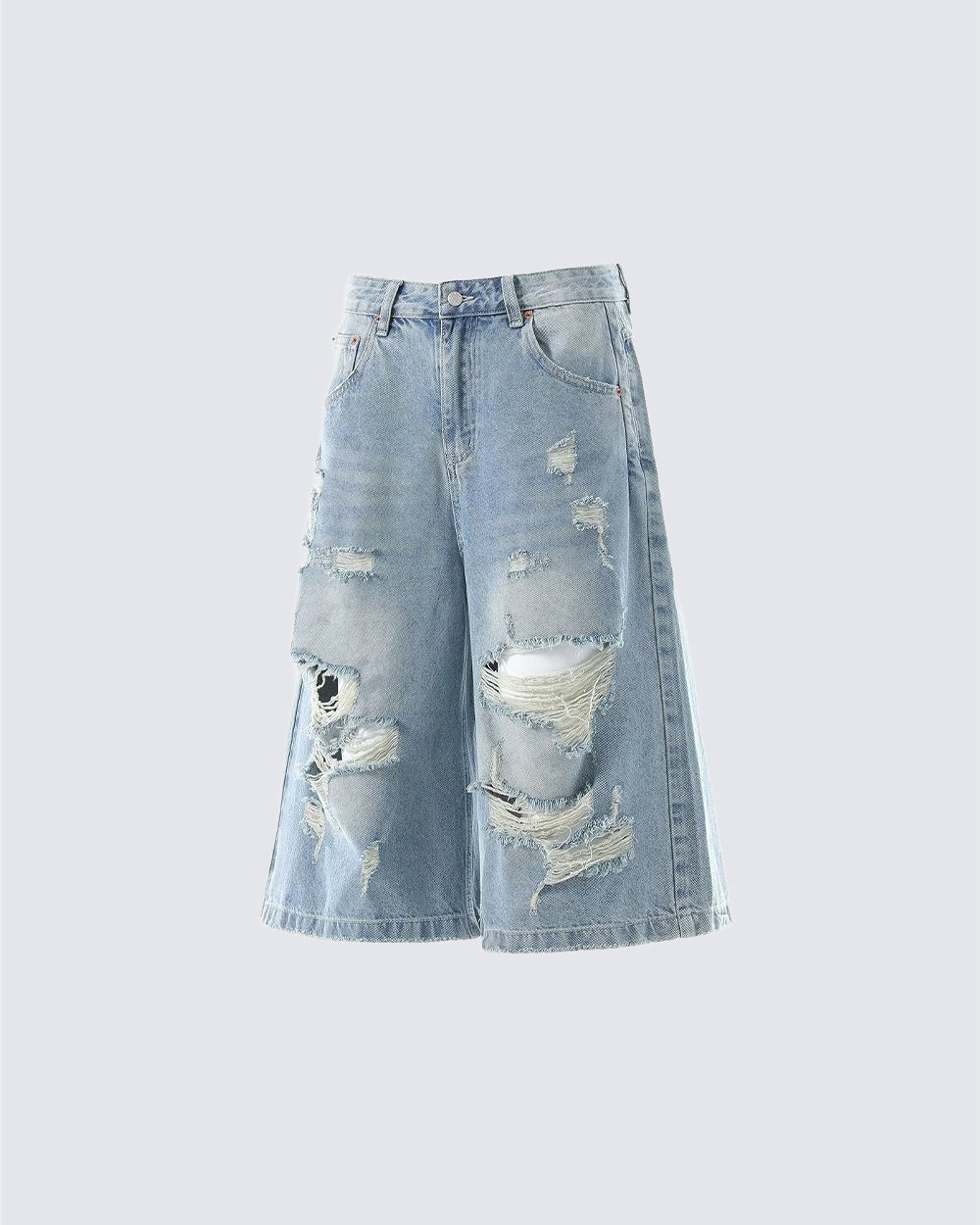 KIIKIO Vintage Light-Wash Distressed Wide Denim Shorts