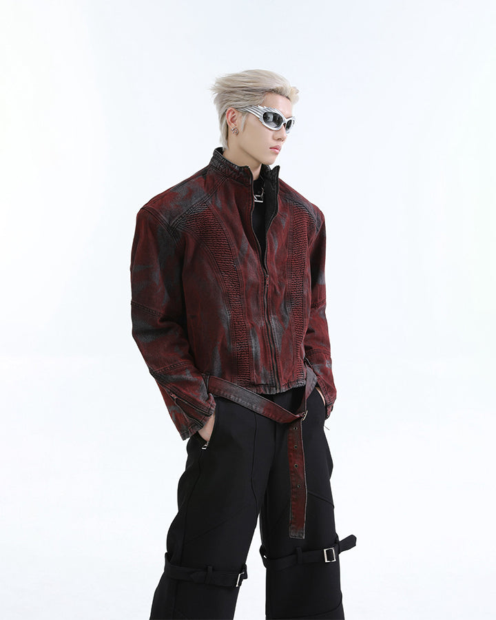 New Red Gothic Washed Belted Cropped Biker Jacket