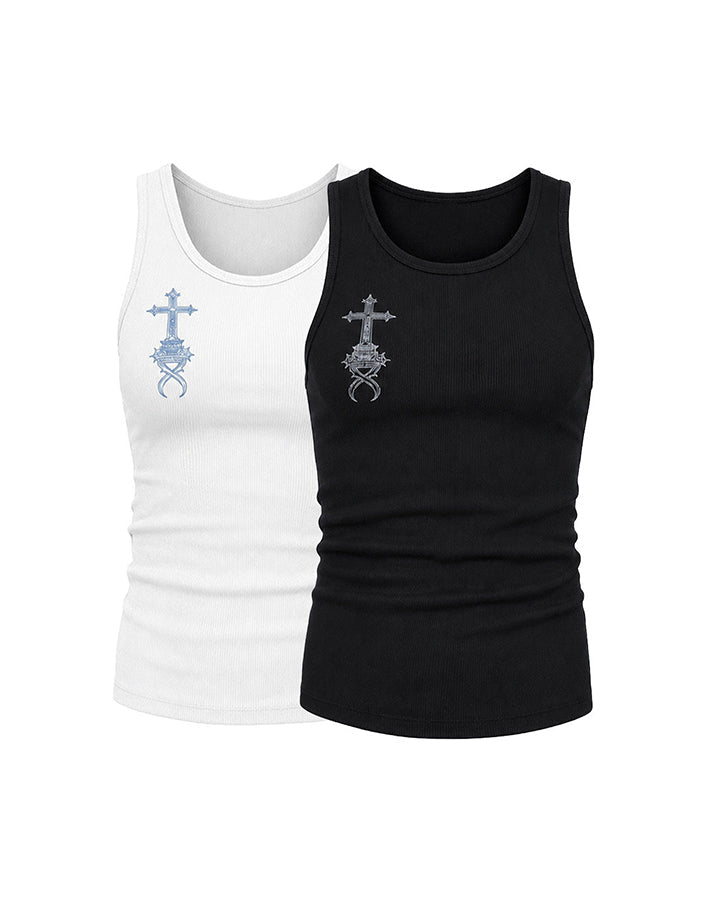KIIKIO Gothic Cross Embroidered Slim Fit Ribbed Tank Top