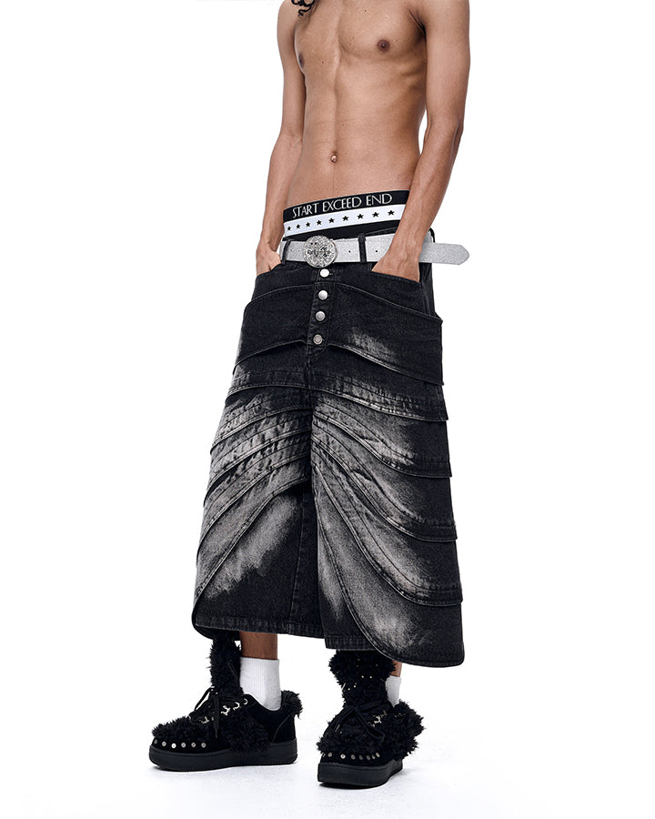 New Deconstructed Washed Layered Wave Denim Shorts