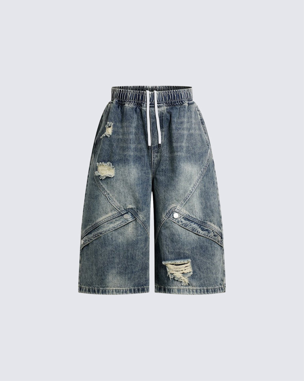 Grunge Drawstring Panel Distressed Wide Denim Shorts