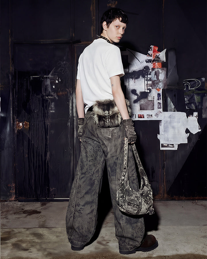 Leopard Double Animal-Texture Washed Wide-Leg Jeans