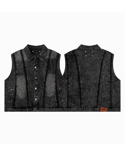 Dark Washed Button Pocket Sleeveless New Denim Vest