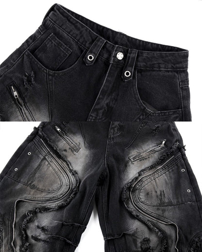 Dark Wavy Zipper Deconstructed Wide Denim Pants New