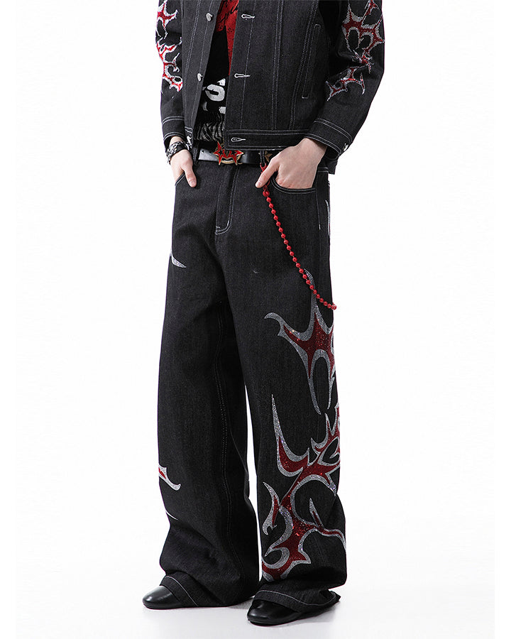 New Rhinestone Flame Denim Jeans