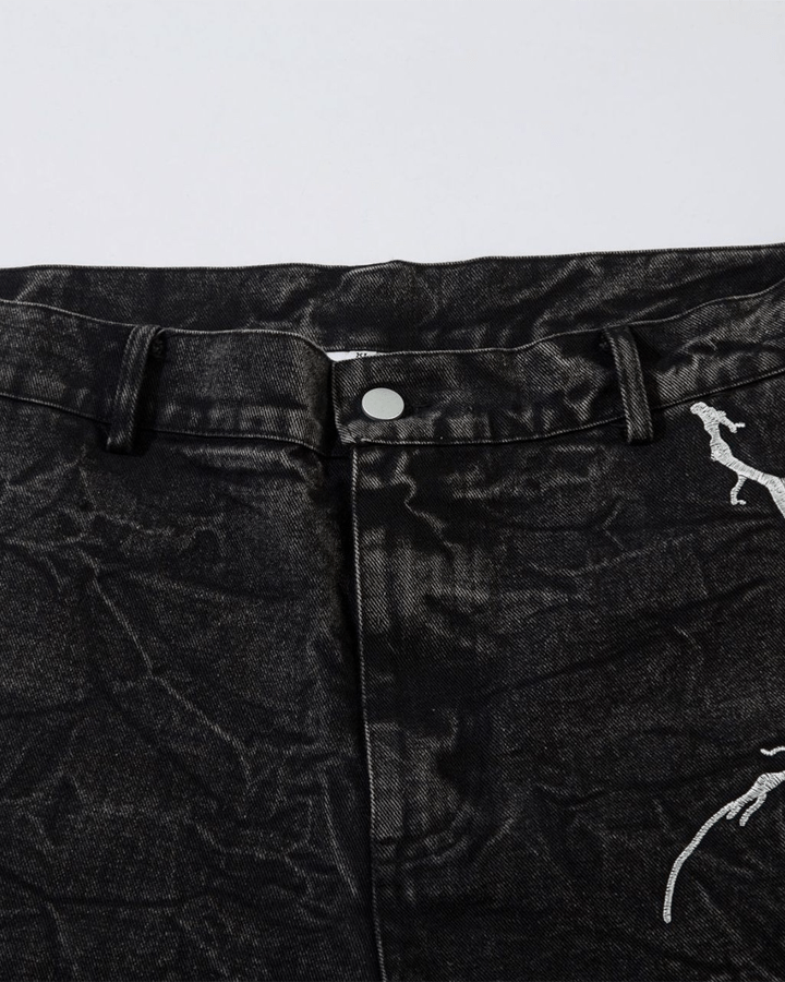 Washed Heavy Embroidery Denim Pants