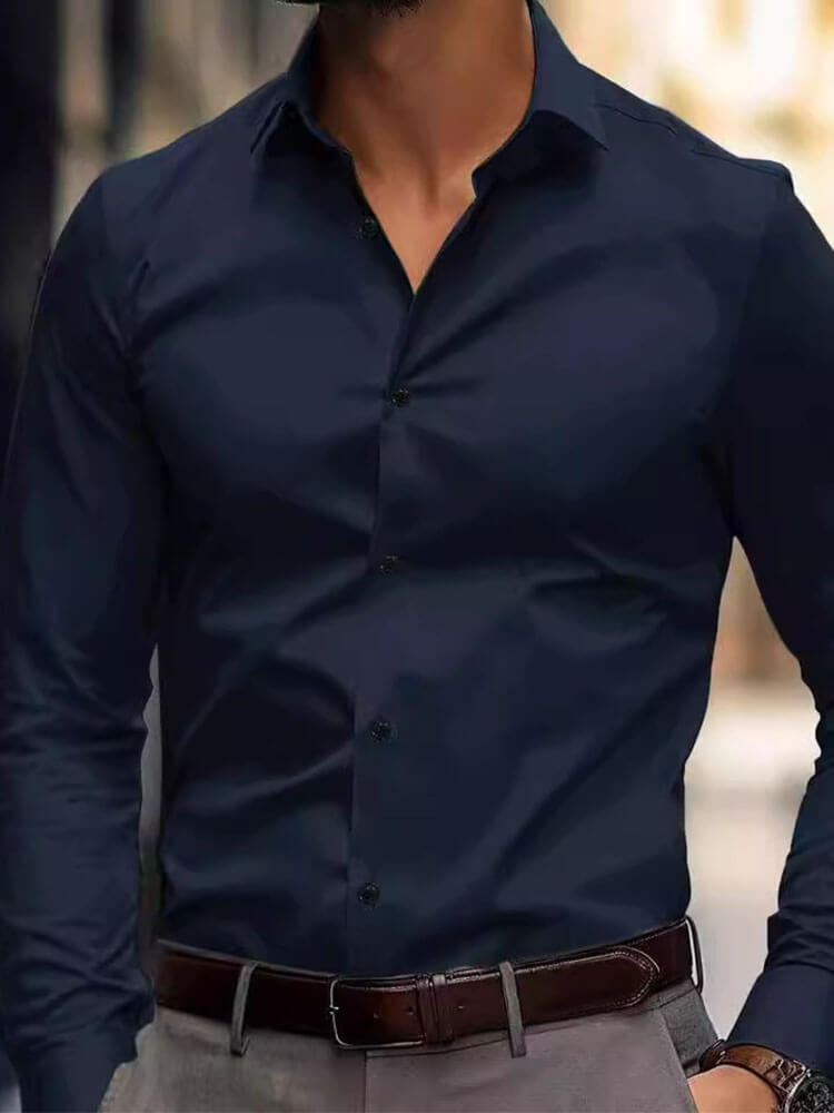 Men's Solid Color Long-Sleeved Casual Suit Shirt