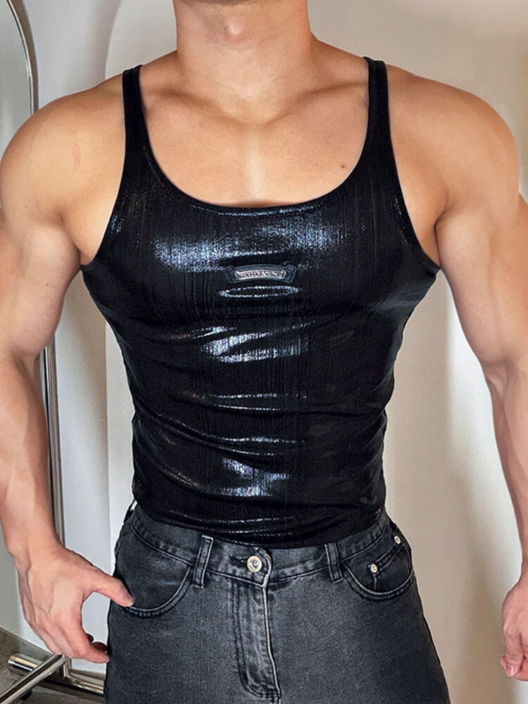 Men's Faux Leather Glossy Metal Badge Sports Vest