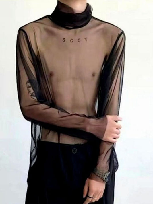 Men's Mesh See-through High Neck Seductive T-shirt