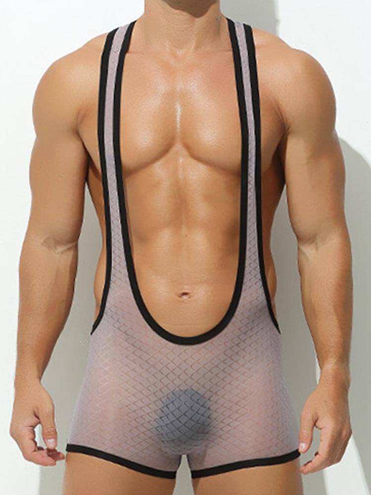 Men's Sexy Transparent Deep V Suspender Bodysuit
