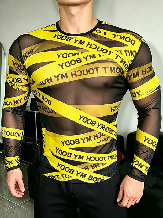 Men's Sheer Mesh Warning Print Long Sleeve Shirt