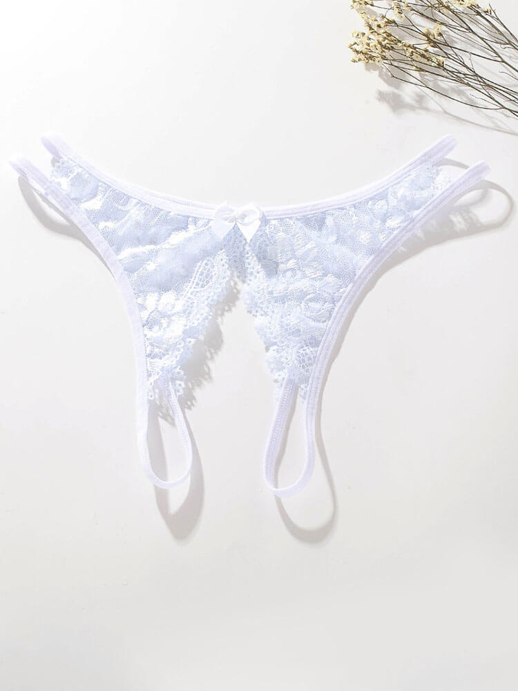 Sexy See-Through Bow Lace Open-Crotch Thong
