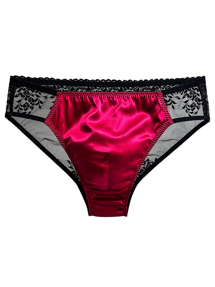 Men's Sexy Transparent Lace Patchwork Silk Briefs