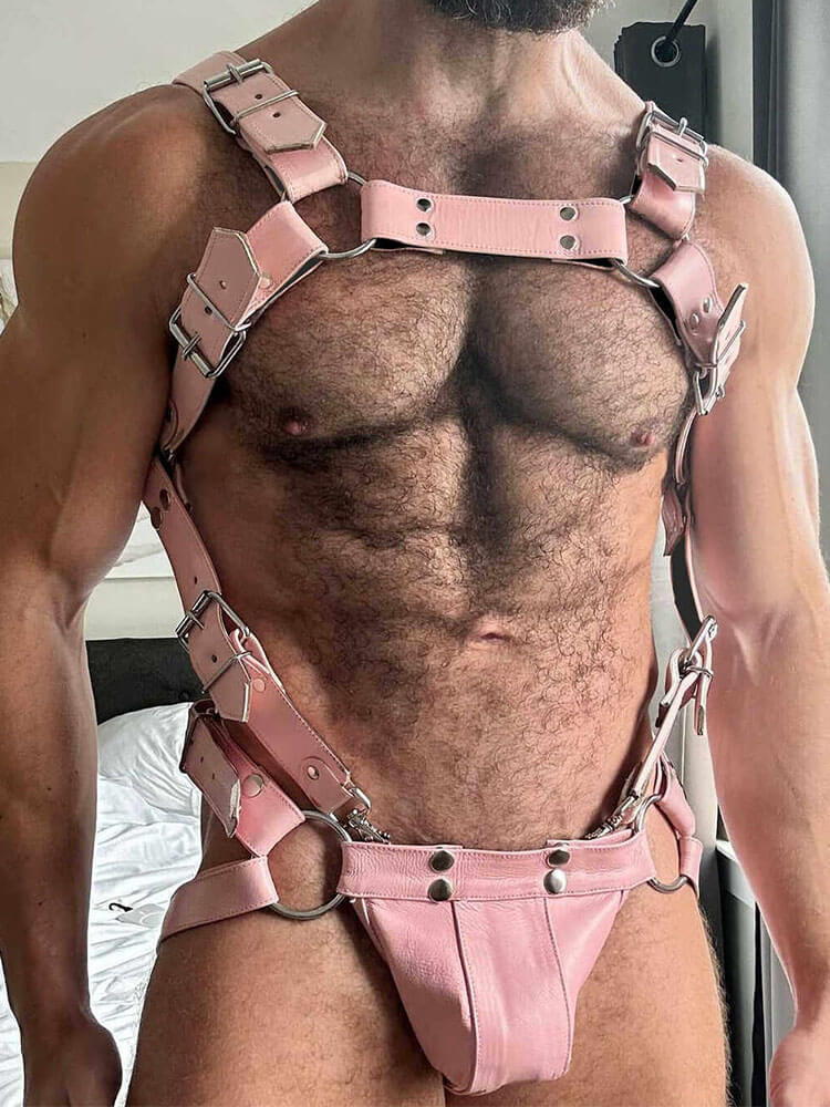 Men's Pink Genuine Leather Harness & Jockstrap Set