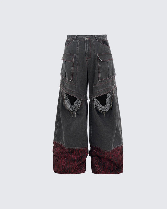 Vortex Racer-Edgy Denim Cargo Pants with Distressed Detail