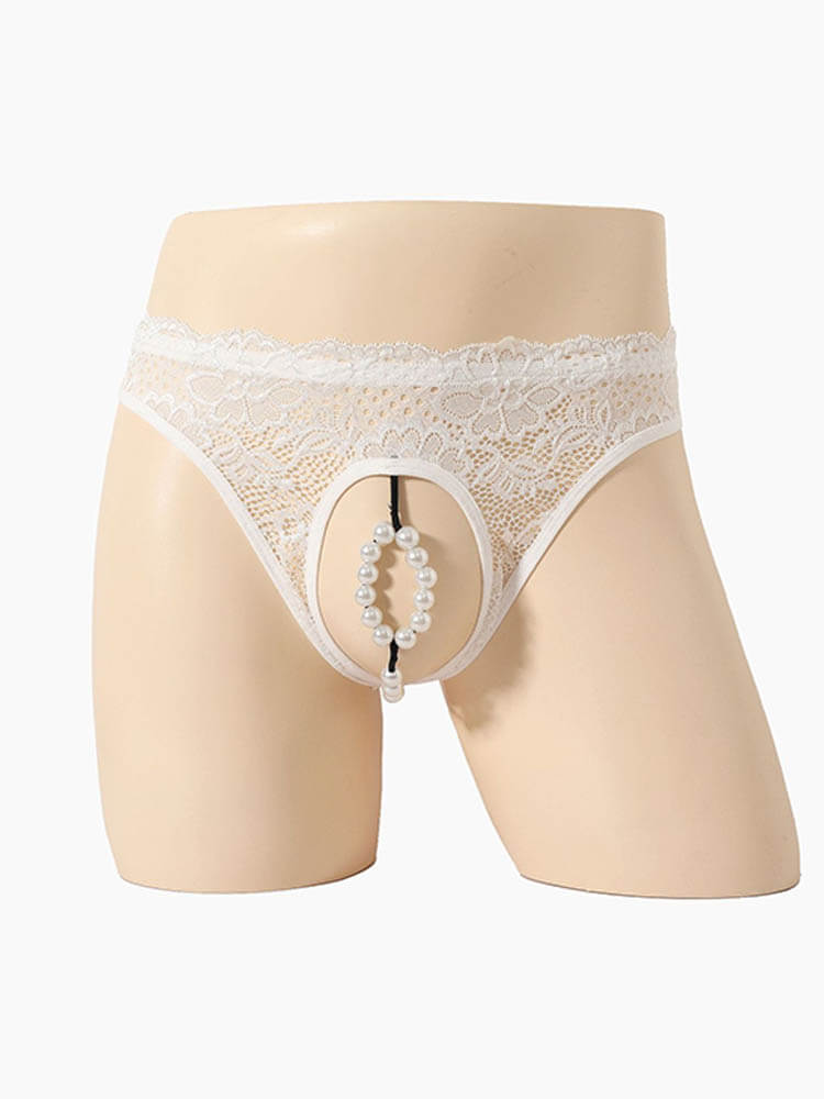 Men's Sexy Imitation Pearls Sheer Lace Briefs