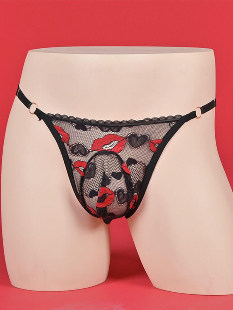 Men's Sexy Transparent Lace Lip Print Nylon Briefs