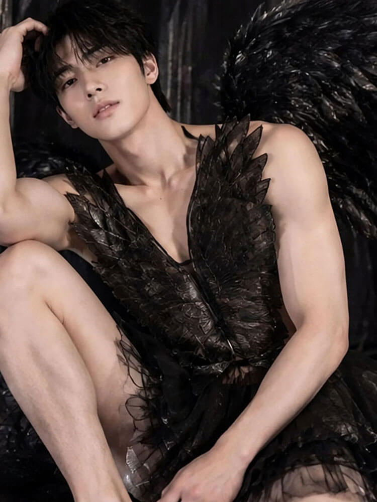 Men's Sexy Black Sheer Mesh Cute Wings Set