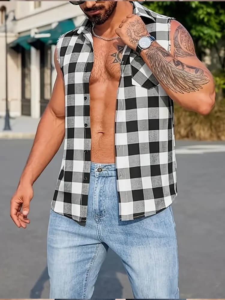 Men's Casual Breathable Plaid Sleeveless Shirt