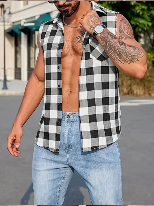 Men's Casual Breathable Plaid Sleeveless Shirt