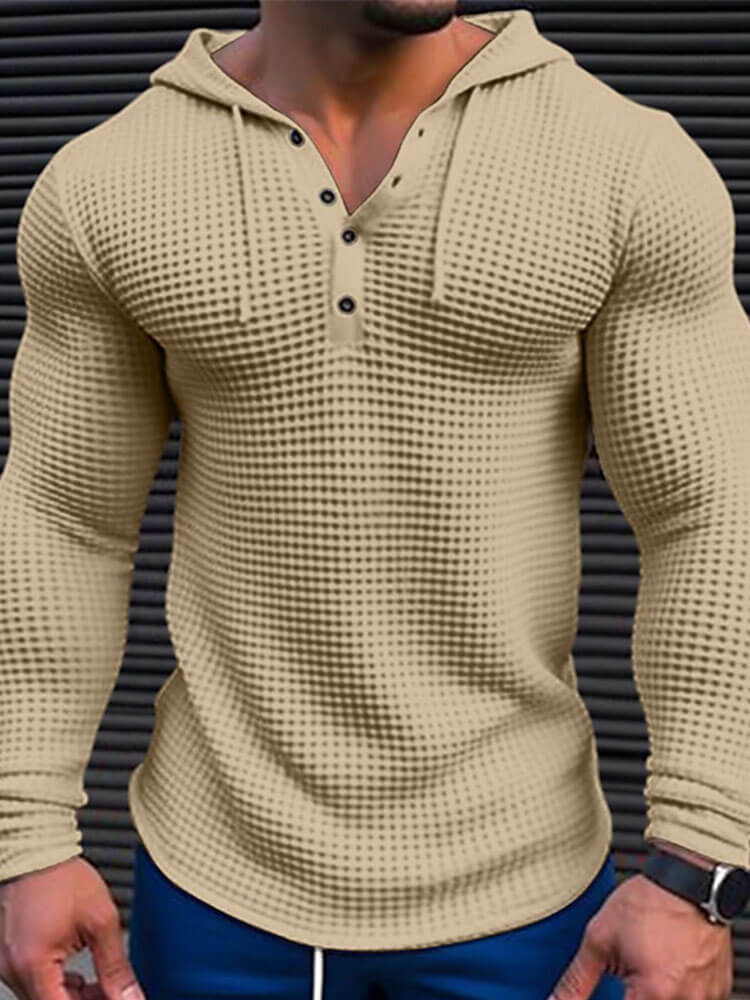 Men's Solid Color Waffle Button-Down Hooded Top