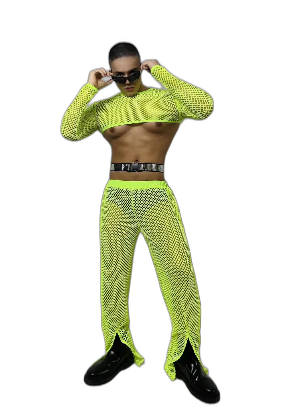 Fluorescent Fishnet See-Through Bodysuit Set