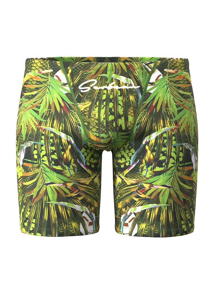 Men's Tropical Plants Print Long Swim Trunks