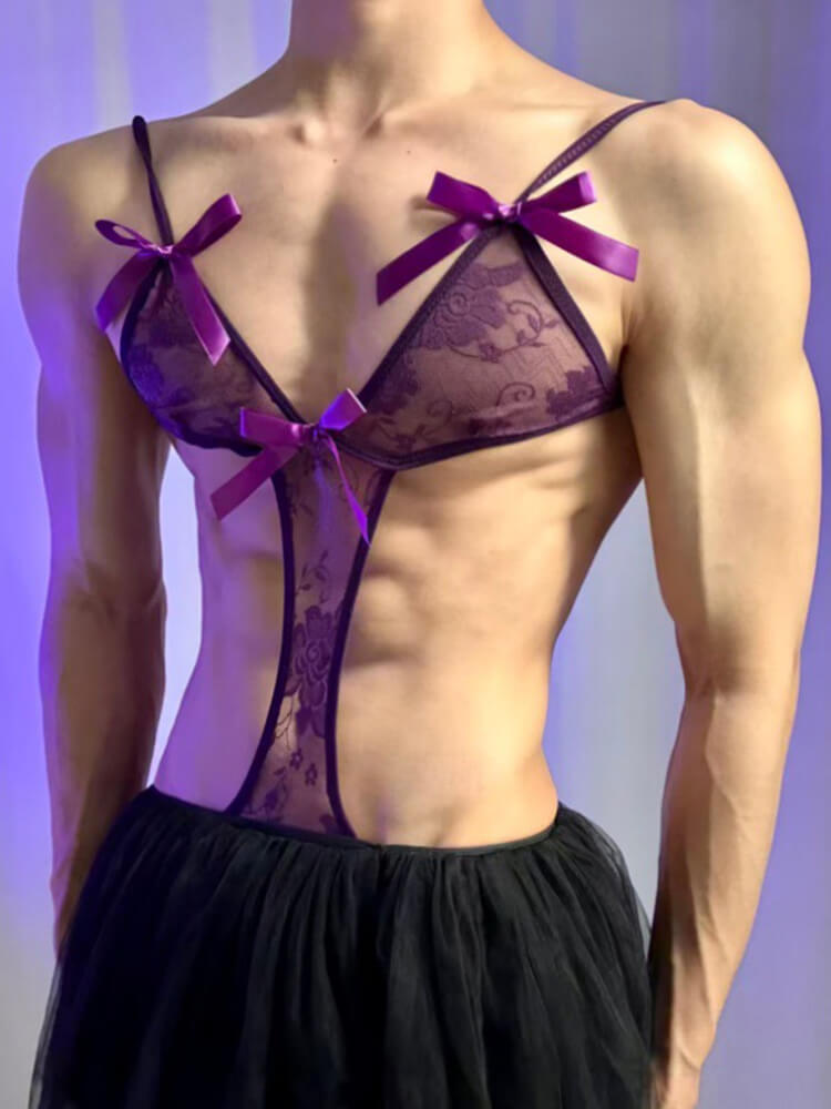 Men’s Sexy Pure Desire Lace Bodysuit and Skirt Set