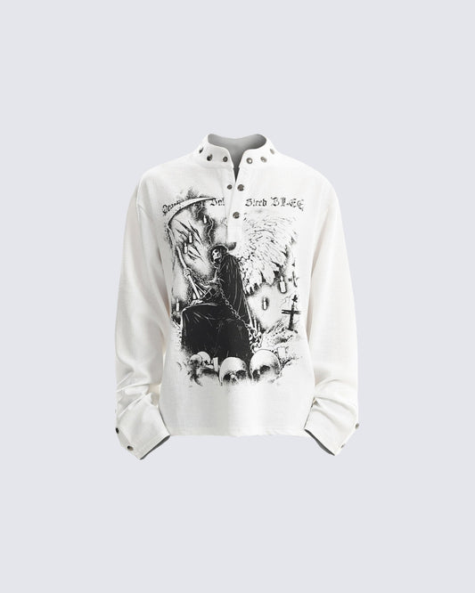 Street Printed Stand Collar Long Sleeve Polo Shirt