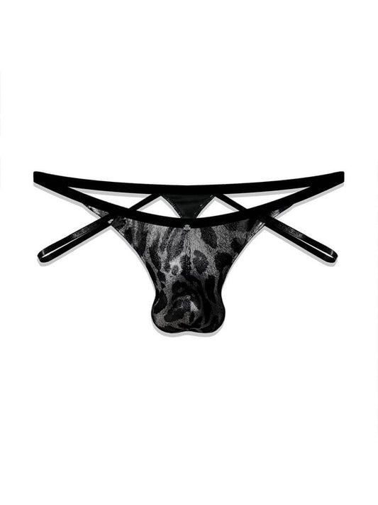 Men's Sexy Metallic Silver Black Leopard Thong
